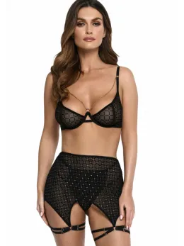 THP101 3-Piece Lingerie Set Gold Embroidery Adjustable Straps