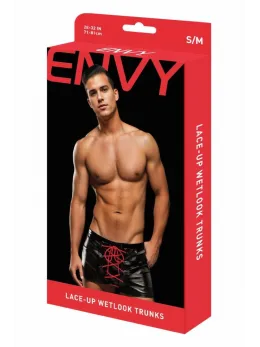 ENVY Lace-Up Wetlook Trunks Black/Red S/M - Adjustable Modern Design