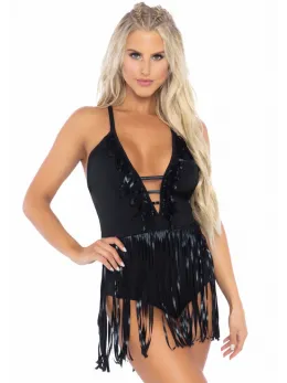 Leg Avenue Fringe Halter Bodysuit Black - Deep V, Festival Style M/L