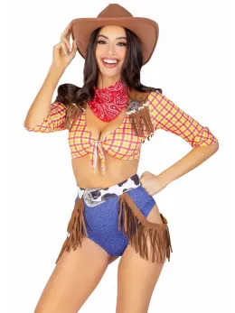 Playful Cowboy Set 5-Piece - Fringe Crop Top, High Waist Pants, Accessories XS