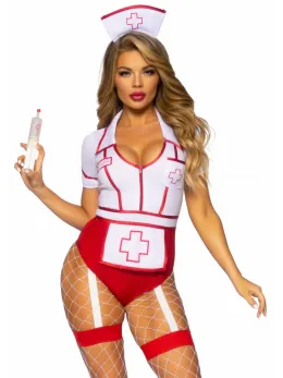 Nurse Feelgood Bodysuit Costume with Apron and Hat - L