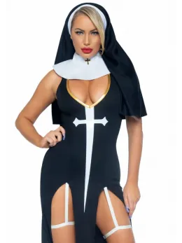 Sultry Sinner Dress Costume with Vinyl Details and Nun Habit, Black S