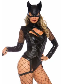Villainess Vixen Bodysuit Set with Cat Mask - Black Wetlook, M