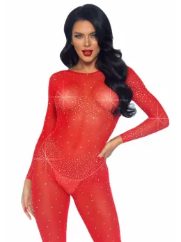 Sheer Rhinestone Catsuit - Long Sleeve Sparkling Bodystocking Black S