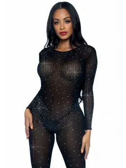 Sheer Rhinestone Catsuit - Long Sleeve Sparkling Bodystocking S