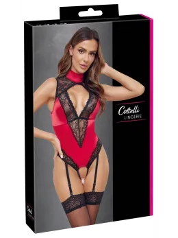 Cottelli LINGERIE Satin & Lace Suspender Body Red/Black Size L