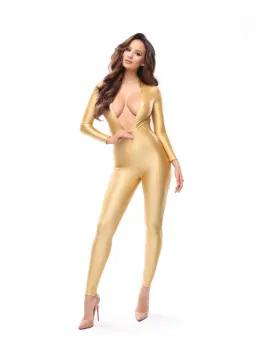 missO B800 Gold Lycra Bodystocking with Two-Way Zipper, Wet Look, M