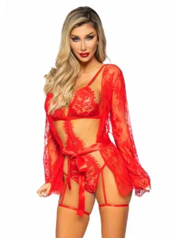 Dreamgirl Garter Teddy Set with Lace Robe and Adjustable Straps Black