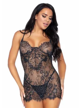 Elegant Moments Rhinestone Mini Dress & G-String Set, Black, S/M