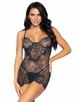 Elegant Moments Rhinestone Mini Dress & Lace String Set Black S/M