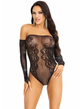 Dreamgirl Rhinestone Off The Shoulder Lace Teddy Black One Size