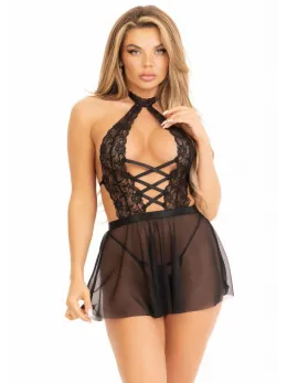Elegant Moments Lace Babydoll Set with Sheer Skirt & G-String Black M/L