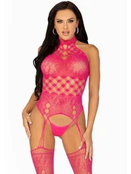 High Neck Halter Suspender Bodystocking Black Lace Mesh One Size
