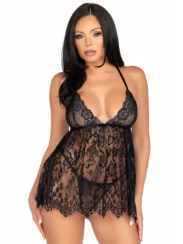 Floral Lace Babydoll Set with Eyelash Hem & Adjustable Straps, Black, S/M