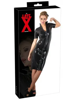 LateX Midi Zip Dress M Black - Two-Way Front Zipper & Stand-Up Collar