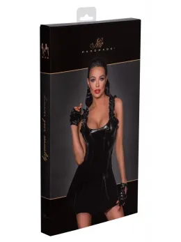 Noir Handmade Vinyl Dress Black Ruffle S, Fitted Waist, Flared Skirt