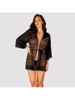Obsessive Allunes Peignoir 2XL/3XL Black Satin Animal Print Robe