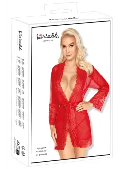 Kissable Kimono Red L/XL with Gold-Shimmer Lace, Satin Belt