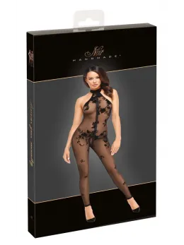 Noir Handmade Mesh Catsuit XL with 3-Way Zipper, Floral Velvet Pattern