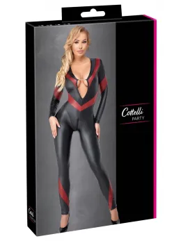 Cottelli PARTY Jumpsuit Black-Red S - Matt Effect, Chain Detail