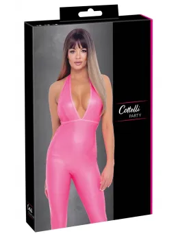 Cottelli PARTY Neon Pink Jumpsuit S - Shiny Halterneck Bodysuit
