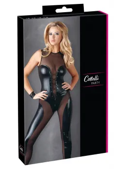 Cottelli Collection Jumpsuit Wetlook XL - Glossy Black Powernet Bodysuit