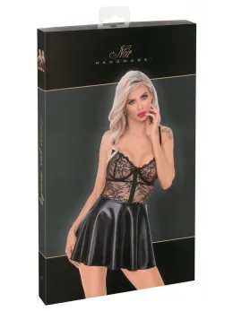 Noir Handmade Dress L - Elegant Lace & Wet Look, Adjustable Straps