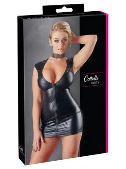 Cottelli Collection Wet Look Dress S Black with Front 2-Way Zip