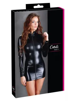 Cottelli Collection Dress L Black Shiny High-Neck Zip Long Sleeve
