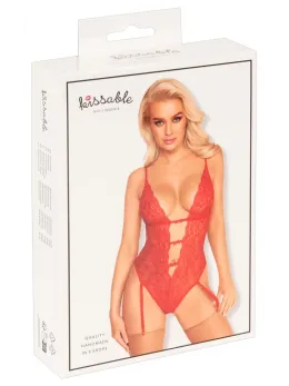 Kissable Body Red S/M - Elegant Lace Suspender Bodysuit, Gold Details