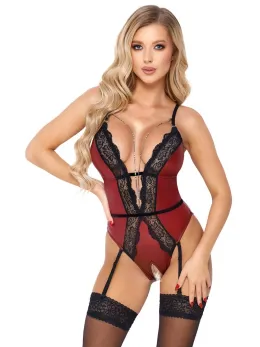 Abierta Fina Body Red/Black L, Elegant Lace Design, Detachable Chains