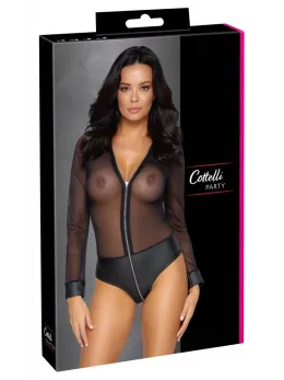 Cottelli PARTY Powernet Long-Sleeve Bodysuit with Matt Panties S