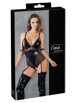 Cottelli Collection Bondage Body Ring L - Black Wet Look & Mesh, Adjustable Straps