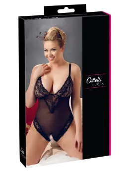 Cottelli Collection Sheer Lace Open Crotch Bodysuit Black 2XL