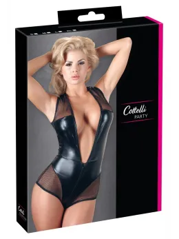 Cottelli Collection Black Sleeveless Bodysuit XL, Wet Look & Mesh, Zippered