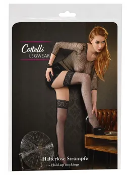 Cottelli Collection Net Hold-Up Stockings with Lace Top, Black, M/L