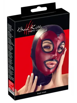 Bad Kitty Head Mask Red & Black Stretch Hood Unisex One Size