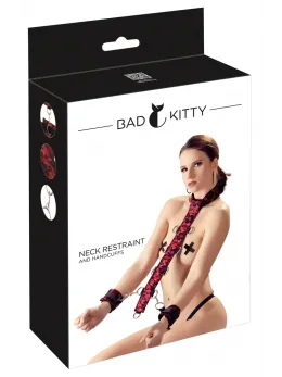 Bad Kitty Adjustable Satin & Lace Collar with Handcuffs - Red/Black