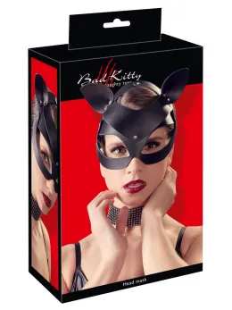 Bad Kitty Cat Mask Black Imitation Leather with Rhinestone Accents