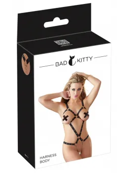 Bad Kitty боди харнес с каишки и верижки, черно, регулируемо, S-L