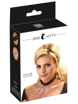 Bad Kitty Adjustable Black & Red Collar with Leash Set 35-48 cm
