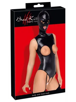 Bad Kitty Vegan Leather Bodysuit & Detachable Mask, Size L, Black