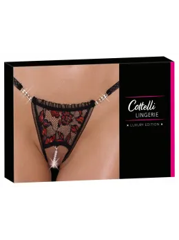 Cottelli Lingerie Lace String M/L with Removable Pearl Chain, Black/Pink