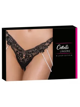 Cottelli Lingerie String S/M with Removable Pearl Chains, Black Lace