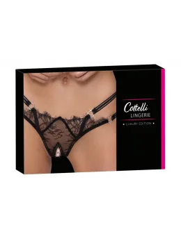 Cottelli LINGERIE Eyelash Lace String M/L with Rhinestone Rings, Black