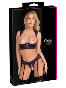 Cottelli Lingerie Set Purple 80B/M - Lace Shelf Bra & Suspender Thong