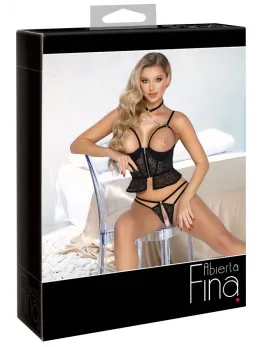 Abierta Fina Longline Set ZIP 85B/L - Lace Lingerie, Silver Zip, Black