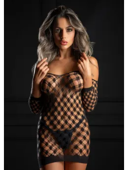 Deluxe Fence Net Minidress Black Long Sleeve Off-Shoulder Design