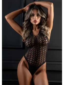 Flow Net Halter Teddy - Elegant Mesh Bodysuit with Neck Tie, Black