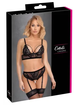 Cottelli LINGERIE Lace & Powernet Bra and Suspender Thong Set Black XL